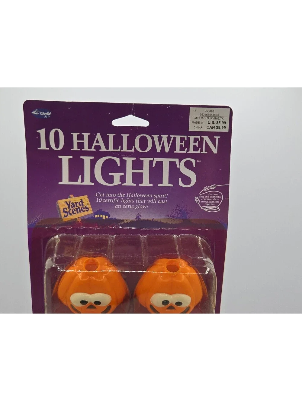 VINTAGE FUN WORLD HALLOWEEN SET OF 10 WHITE-EYED JACK-O'-LANTERN STRING LIGHTS